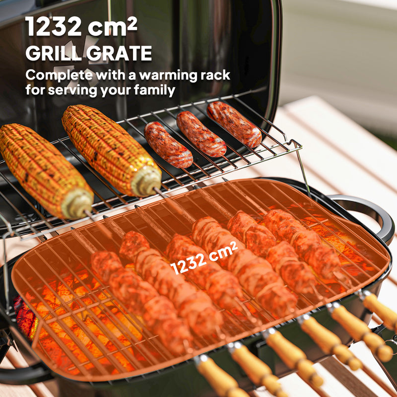 Outsunny - Charcoal BBQ Grill, Foldable Barbecue Grill with Warming Rack, Adjustable Vent, Thermometer, Handles, Black
