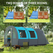 Outsunny - 3 Person Camping Tent with Living Room and Bedroom, 3000mm Waterproof Tunnel Large Family Tent, Grey and Blue