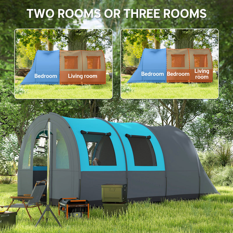 Outsunny - 3 Person Camping Tent with Living Room and Bedroom, 3000mm Waterproof Tunnel Large Family Tent, Grey and Blue