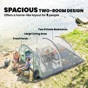 Outsunny - Multi-Room Camping Tent for 5 Person, Easy Set up Large Family Tent with 4 Windows, Porch, Light Green