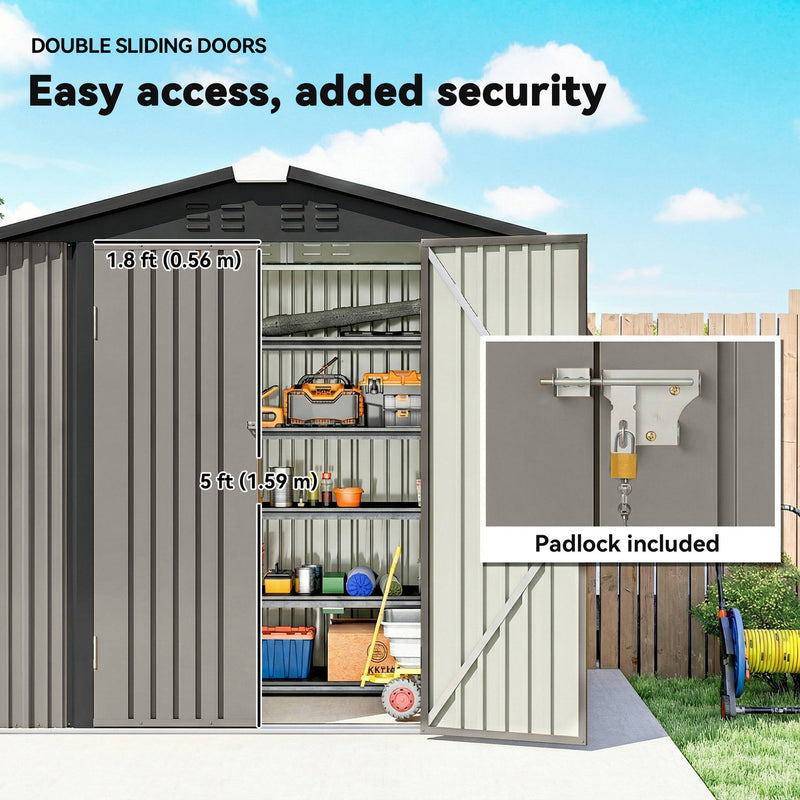 6.5' x 4' Outdoor Storage Shed, Metal Garden Shed with Lockable Double Doors, 4 Vents, Light Grey