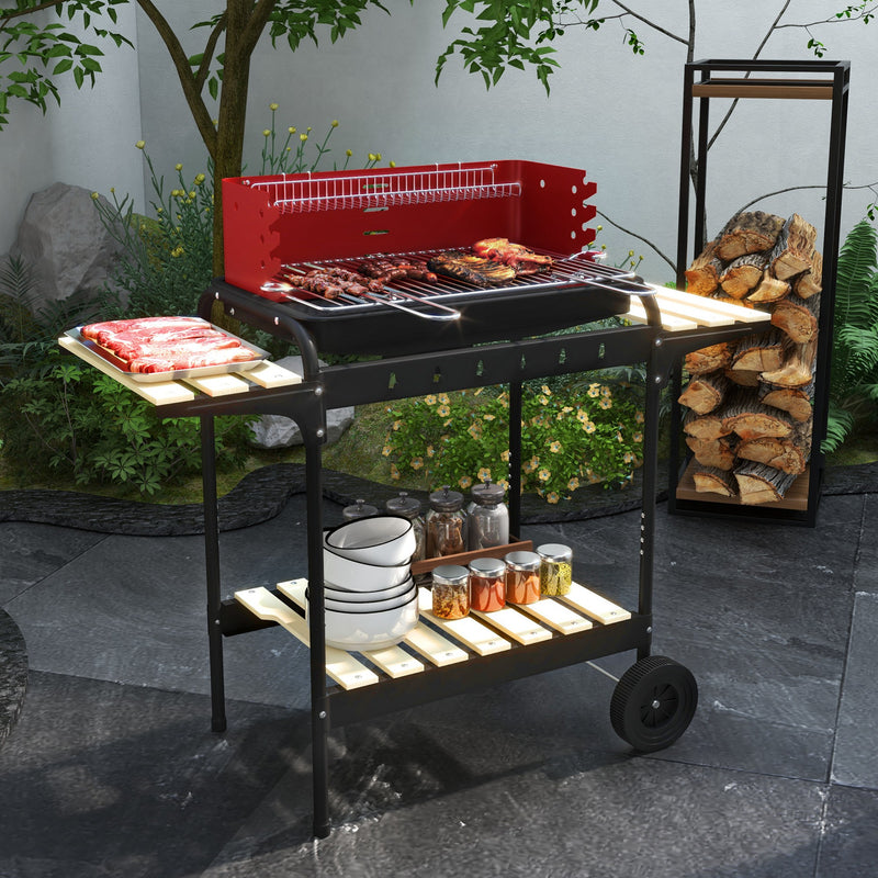 Outsunny - Charcoal Barbecue Grill with Adjustable Grill Height, Portable BBQ Trolley with Ash Catcher and Wheels, Red