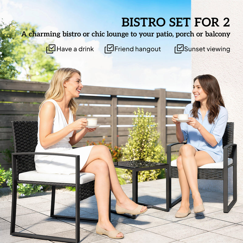 Outsunny - Outdoor Bistro Set, 3 Piece Wicker Patio Furniture Set with Glass Top Table and Cushions for Porch, Balcony, Cream White