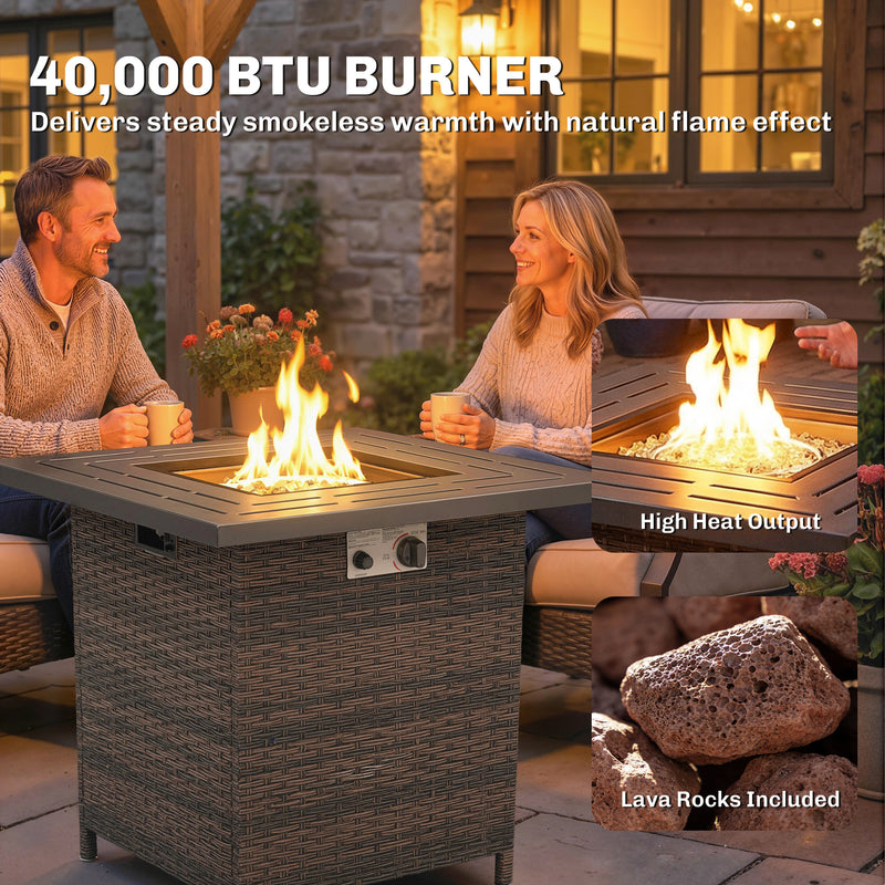 Outsunny - Propane Fire Pit Table, 28 Inch 40,000 BTU Square Rattan Fire Table with Lava Rock, Pulse-Ignition Wicker Gas Fire Pit