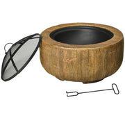 Outsunny - Outdoor Fire Pit, 24 Inch Metal Wood Burning Fireplace with Spark Cover, Poker, Woodgrain Design, Light Brown