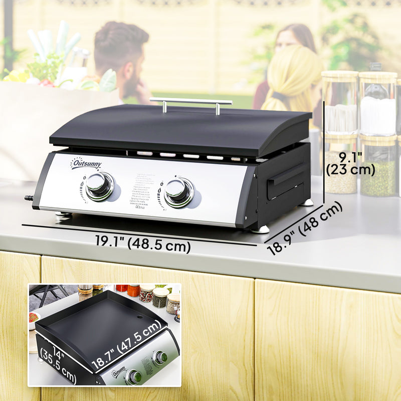 Outsunny - 2 Burner Liquefied Gas Grill, Portable Tabletop BBQ Grill, for Camping, Picnic, Silver