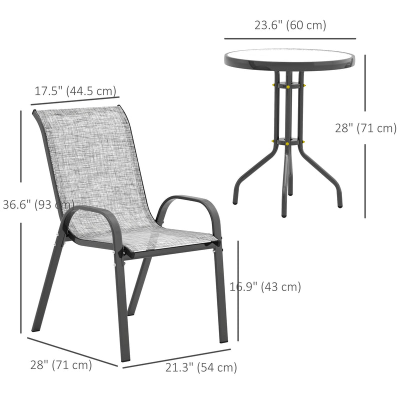 Outsunny - 3 Pieces Bistro Set, Small Patio Furniture Set with Stackable Mesh Chairs, Glass Table for Garden, Balcony, Grey