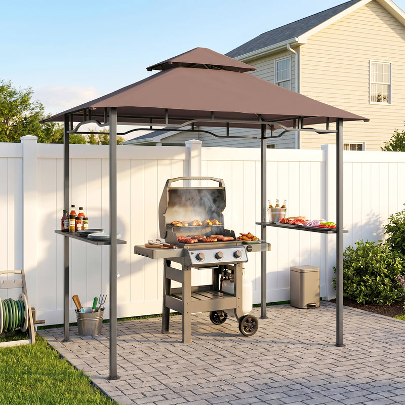 Outsunny - 8' x 5' BBQ Grill Gazebo Tent with Double Tiered Canopy for Outdoor Sun Shade, Coffee
