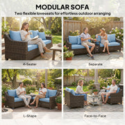 Outsunny - PE Wicker Outdoor Couch Sofa, 4-Seater Modular Patio Furniture Lounge Set with 2 Loveseats, Cushions, Pillows, Blue