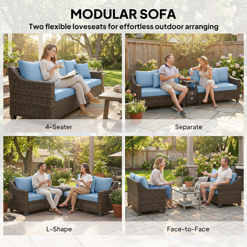 Outsunny - PE Wicker Outdoor Couch Sofa, 4-Seater Modular Patio Furniture Lounge Set with 2 Loveseats, Cushions, Pillows, Blue