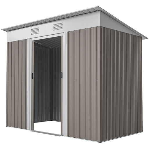 7' x 3.6' Outdoor Storage Shed, Metal Garden Tool Storage House Organizer with Lockable Sliding Doors and Vents for Backyard Patio Lawn, Light Grey