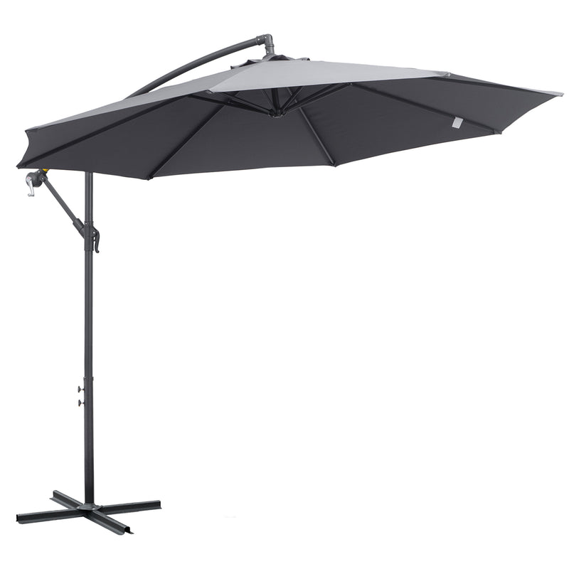 Outsunny - 10ft Offset Patio Umbrella with Base, Garden Hanging Parasol with Crank, Banana Cantilever Umbrella Sun Shade, Grey