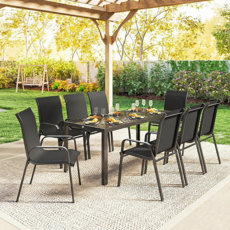 Outsunny - 9 Pieces Patio Set with Stackable Chairs, Patio Dining Set with Glass Top for Garden, Patio, Backyard, Black