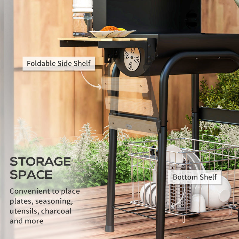 Outsunny - Charcoal Barbecue Grill, BBQ with Thermometer, Shelves and Wheels, Black