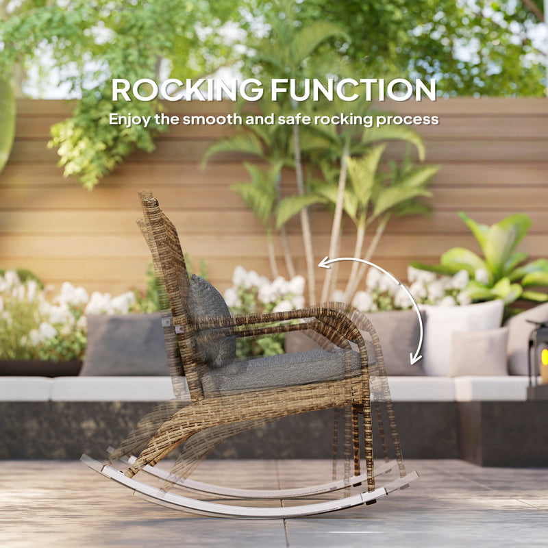 Outsunny - Adirondack Chair, Outdoor Wicker Rocking Chair with High Back, Seat Cushion and Pillow for Porch, Balcony, Grey/Yellow