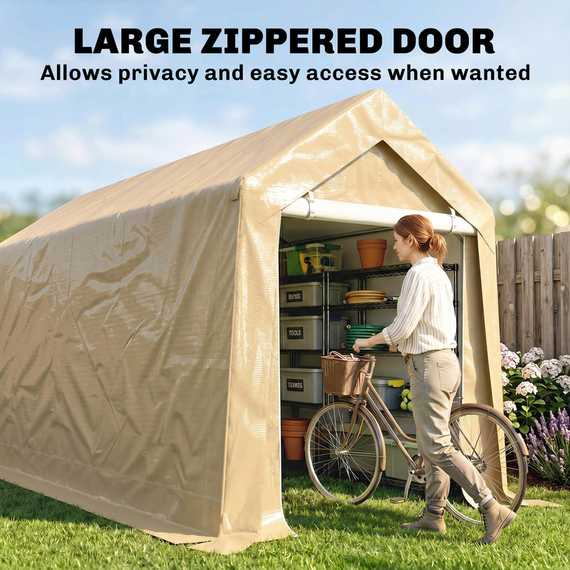 7' x 12' Outdoor Storage Shed Portable Garage with Roll-up Door for Motorcycle, Bike, Garden Tools, Beige