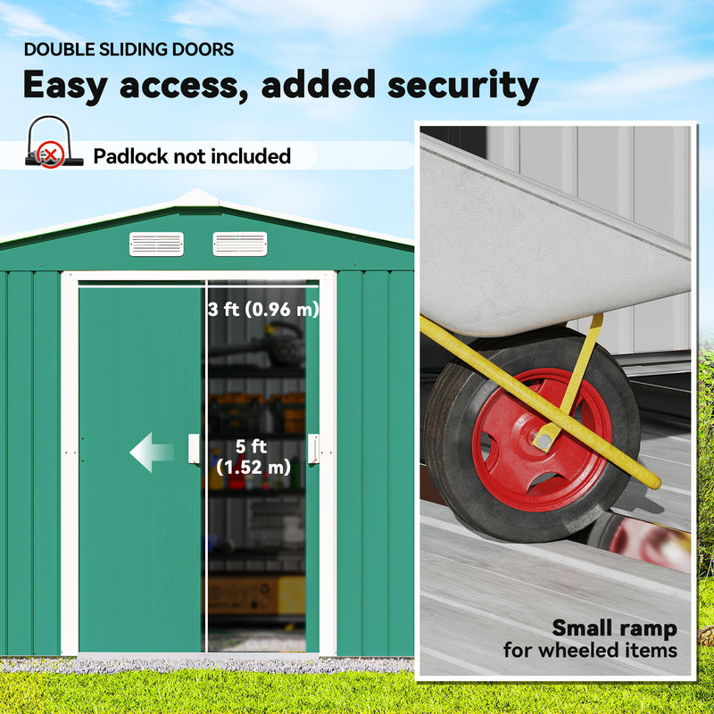 9.1' x 6.4' x 6.3' Garden Storage Shed w/ Foundation Kit Metal Tool Storage House w/ Double Doors Green