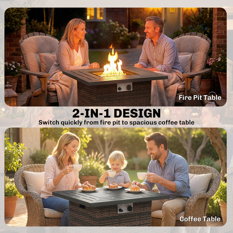 Outsunny - Propane Fire Pit Table, 28 Inch 40,000 BTU Square Rattan Fire Table with Lava Rock, Pulse-Ignition Wicker Gas Fire Pit