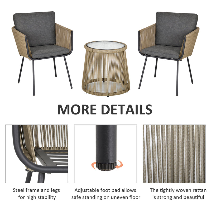 Outsunny - 3 Pieces Wicker Patio Furniture Set, Rattan Bistro Set with Coffee Table and Cushions, Outdoor Conversation Set for Garden, Porch, Balcony, Grey