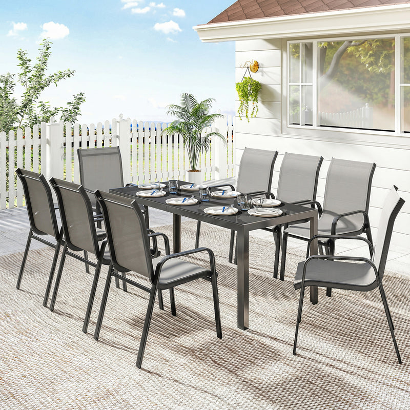 Outsunny - 9 Pieces Patio Set with Stackable Chairs, Patio Dining Set with Glass Top for Garden, Patio, Backyard, Light Grey