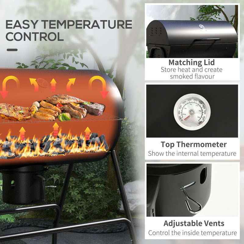 Outsunny - Barrel Charcoal BBQ Smoker, Barbecue with 420 sq.in. Cooking Area, Wheels, Ash Catcher, Black