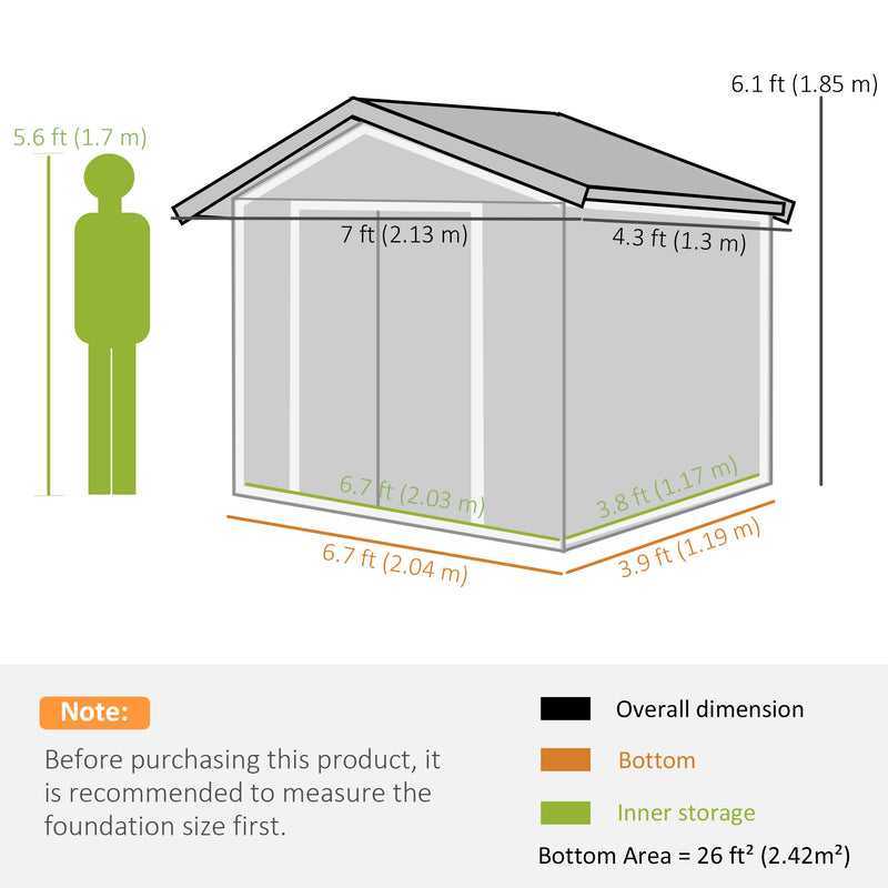7' x 4' x 6' Garden Storage Shed Outdoor Patio Metal Tool Storage House w/ Foundation Kit and Double Doors Brown