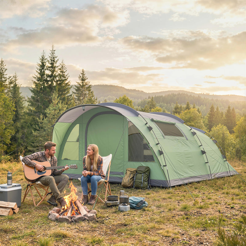 Outsunny - Multi-Room Camping Tent for 5 Person, Easy Set up Large Family Tent with 4 Windows, Porch, Light Green
