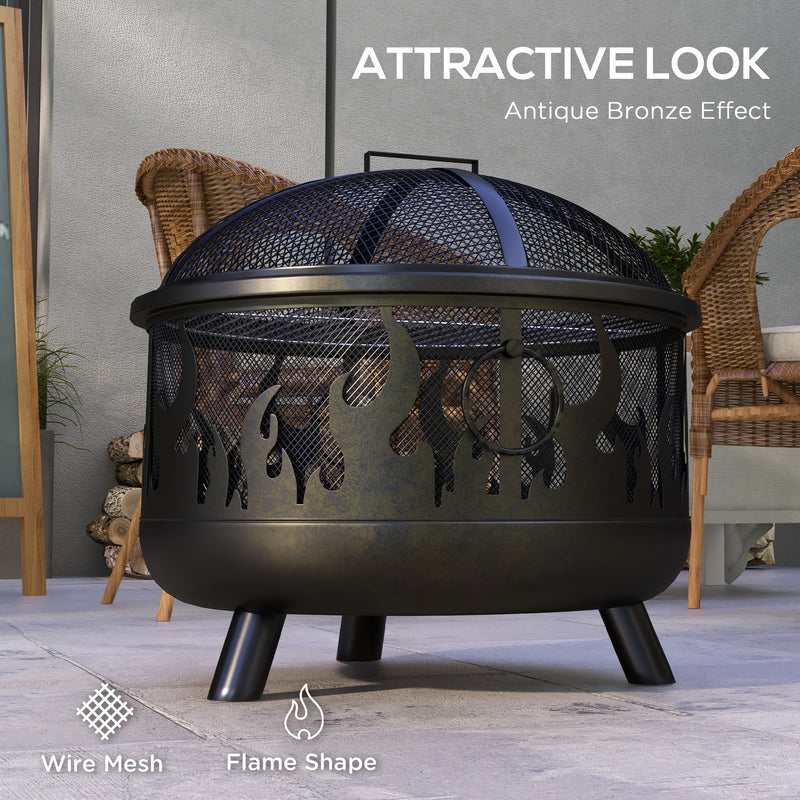 Outsunny - Outdoor Metal Fire Pit, 24" Round Firepit Bowl w/ Lid Grill Poker Handles for Garden, Camping, BBQ, Bonfire, Black