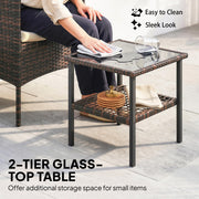 Outsunny - Wicker Bistro Set, 3 Piece Patio Furniture Set with 2-Tier Glass Top Table, Cushions for Balcony, Porch, Khaki
