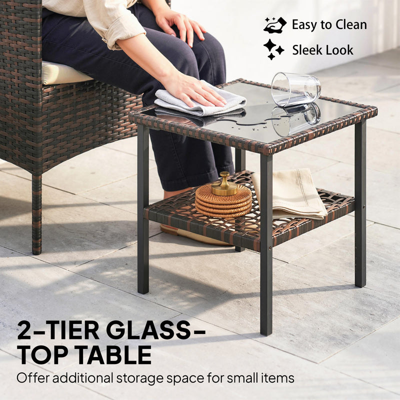 Outsunny - Wicker Bistro Set, 3 Piece Patio Furniture Set with 2-Tier Glass Top Table, Cushions for Balcony, Porch, Khaki