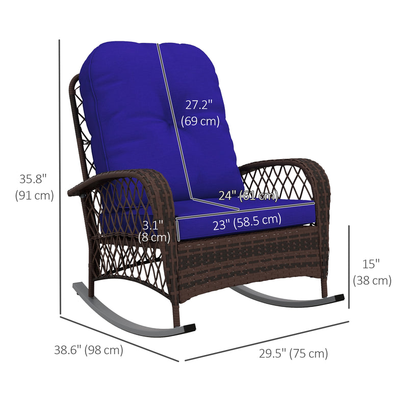 Outsunny - Outdoor Wicker Rattan Rocking Chair Patio Rocker with Thick Cushions for Garden Backyard Porch, Dark Blue