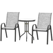 Outsunny - 3 Pieces Bistro Set, Small Patio Furniture Set with Stackable Mesh Chairs, Glass Table for Garden, Balcony, Grey