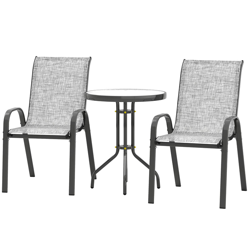 Outsunny - 3 Pieces Bistro Set, Small Patio Furniture Set with Stackable Mesh Chairs, Glass Table for Garden, Balcony, Grey