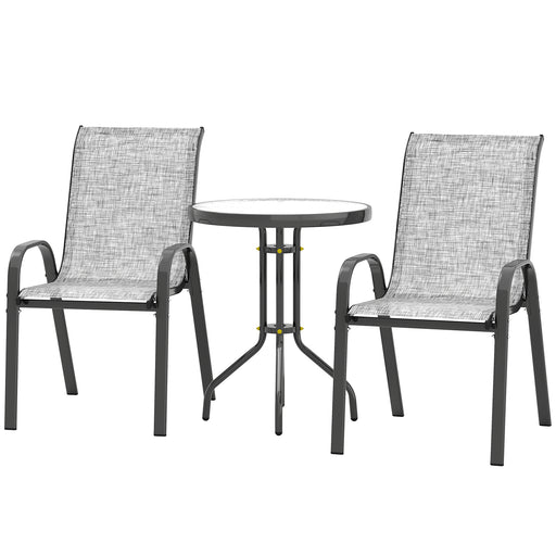 Outsunny - 3 Pieces Bistro Set, Small Patio Furniture Set with Stackable Mesh Chairs, Glass Table for Garden, Balcony, Grey