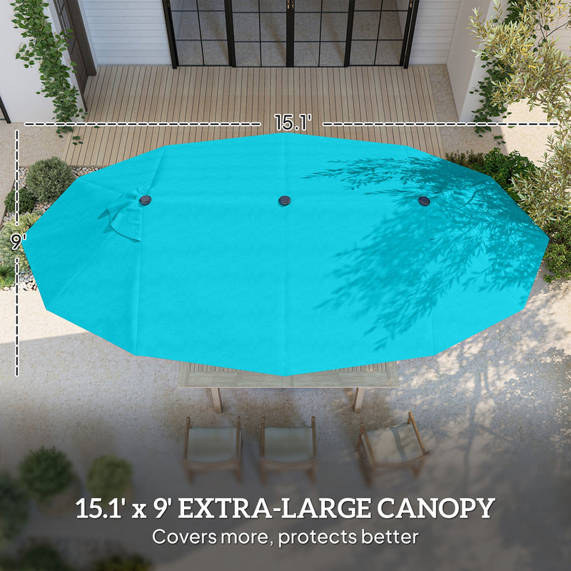 Outsunny - 15' Outdoor Patio Umbrella with Twin Canopy Sunshade Steel Table Umbrella w/ Lift Crank, Cross Base, Sandbag, Light Blue — 84D-031V03LB