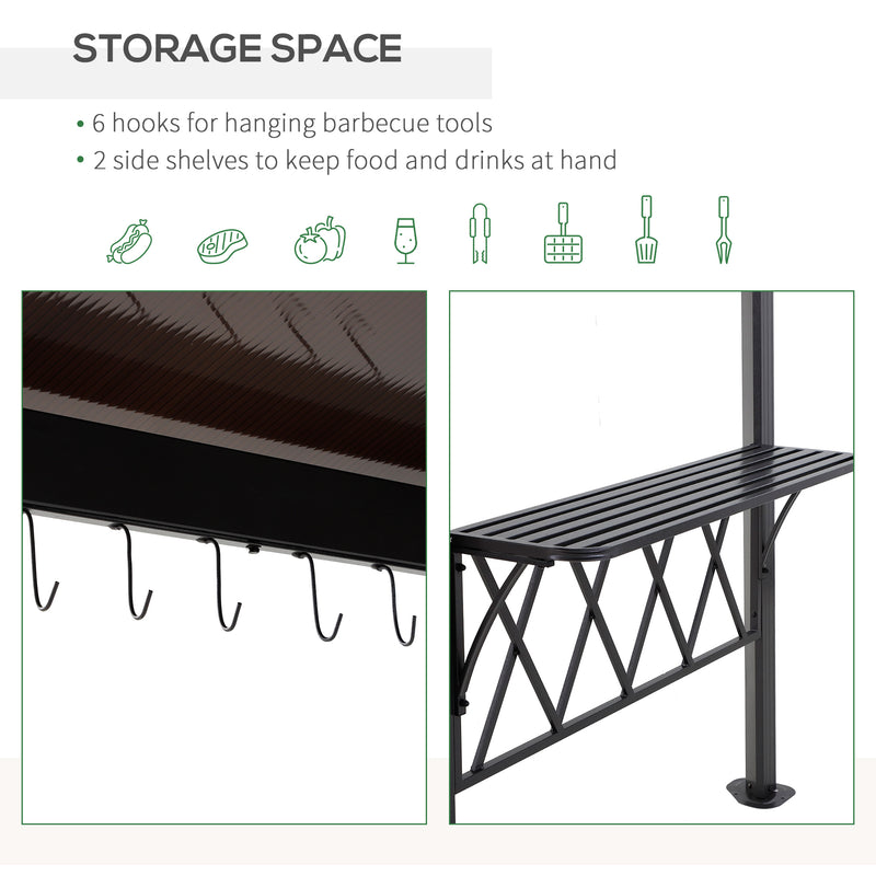 Outsunny - Outdoor Hardtop Grill Gazebo Cooking BBQ Canopy w/ 6 Hooks for Utensils and Double Vented PC Roof, Coffee