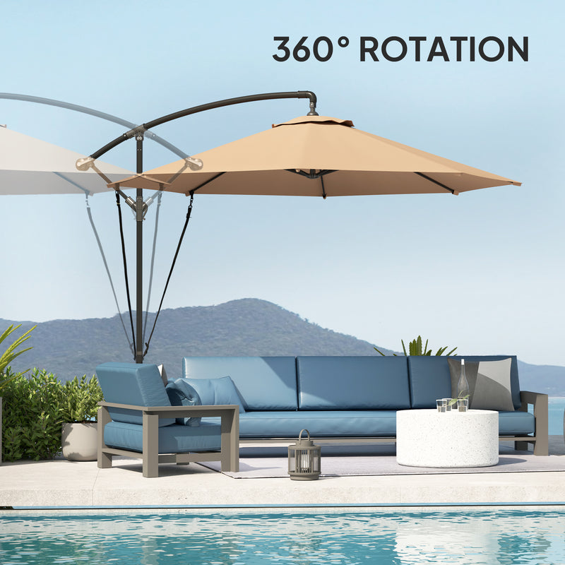 Outsunny - 9.5' Cantilever Umbrella with Wind Protection Strap and Cover, Hanging Umbrella with Crank and Cross Base, Khaki — 84D-394V00KK