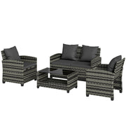Outsunny - 4-Piece Outdoor Wicker Patio Furniture Conversation Set, Includes Loveseat, Chairs and 2-Tier Table with Cushions, Modern Rattan Sofa Set for Backyard, Dark Grey