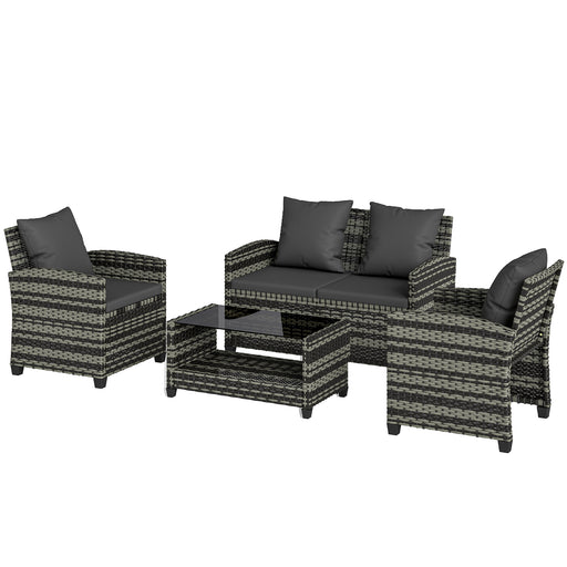 Outsunny - 4-Piece Outdoor Wicker Patio Furniture Conversation Set, Includes Loveseat, Chairs and 2-Tier Table with Cushions, Modern Rattan Sofa Set for Backyard, Dark Grey