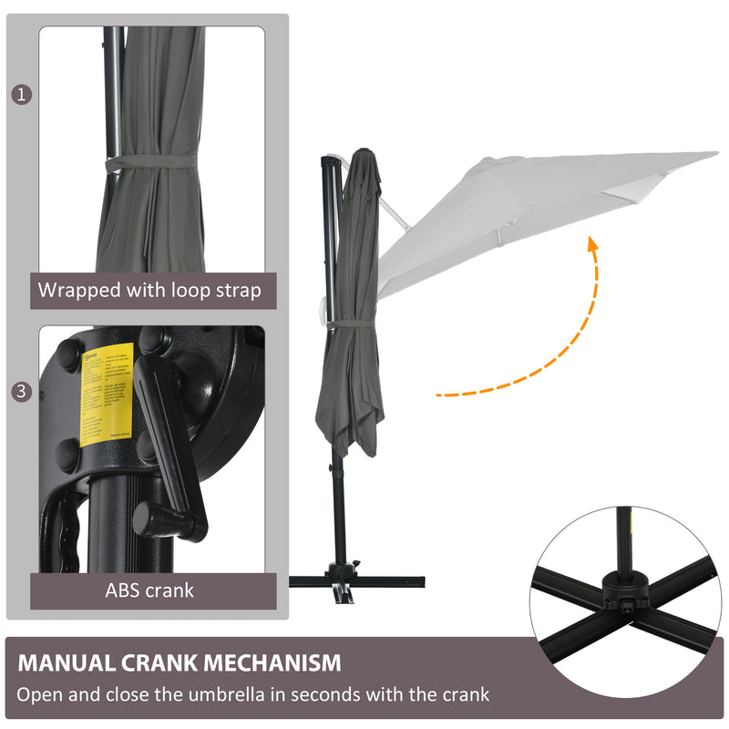 Outsunny - 8' x 8' Square Patio Hanging Offset Umbrella with 360° Rotation, Aluminum Outdoor Cantilever Parasol with Crank & Tilt, Sun Canopy Shelter with Cross Base, Grey — 84D-051V00GY
