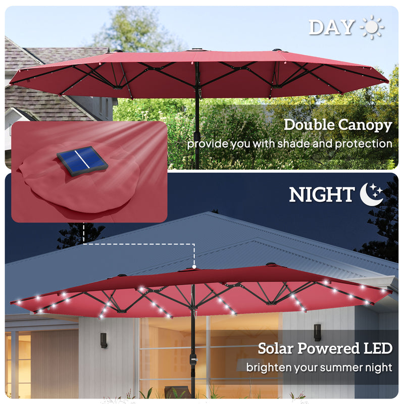 Outsunny - 173.2" Double-Sided Sun Umbrella Garden Parasol Patio Sun Shade Outdoor with LED Solar Light, No Base Included, Wine Red — 84D-106WR