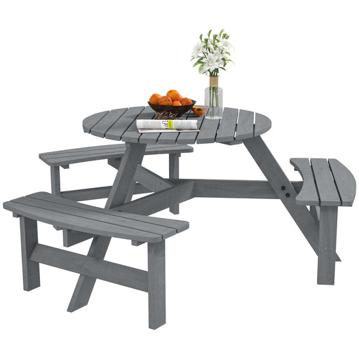 Outsunny - 6 Person Round Picnic Table Bench Set with Umbrella Hole, Wood Patio Table with 3 Built-in Benches for Garden, Deck, Backyard, Grey