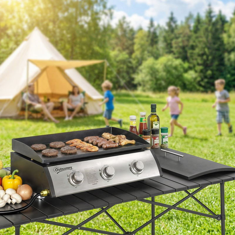 Outsunny - Propane Gas Grill with 3 Main Burners, 8530 BTU Outdoor BBQ Grill Cart with Non-Stick Griddle and Lid, Black