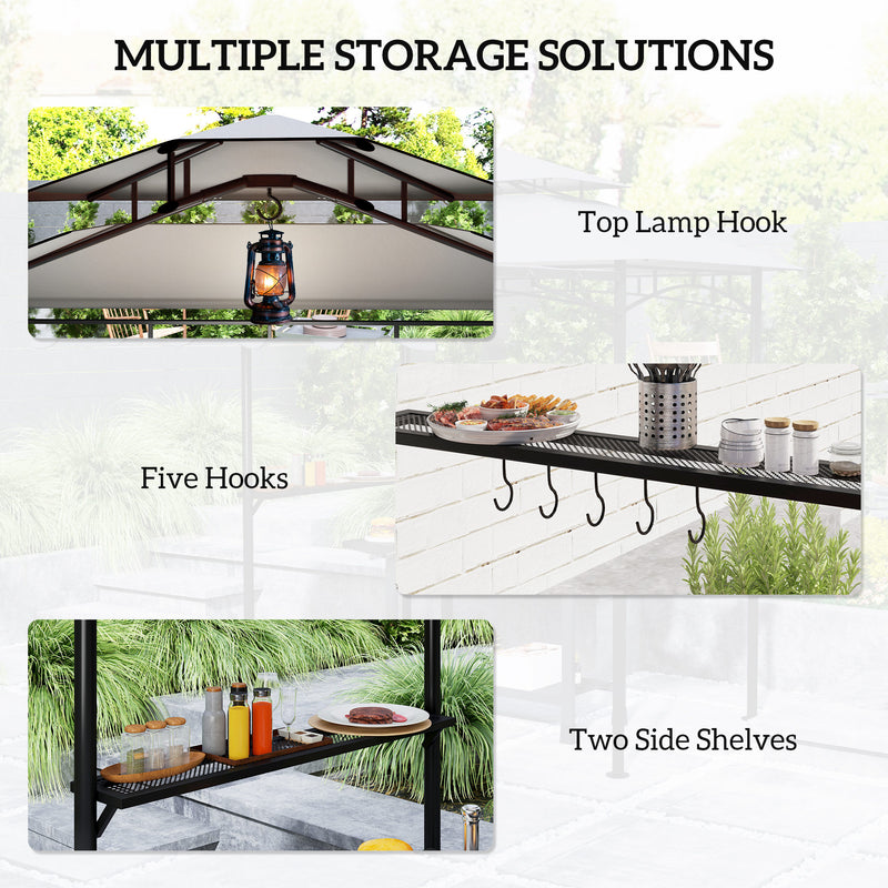 Outsunny - 8' x 7.6' Grill Gazebo, Double Tiered Barbecue Grill Gazebo Shelter w/ Side Awning, 2 Side Shelves, 6 Hooks, Light Grey