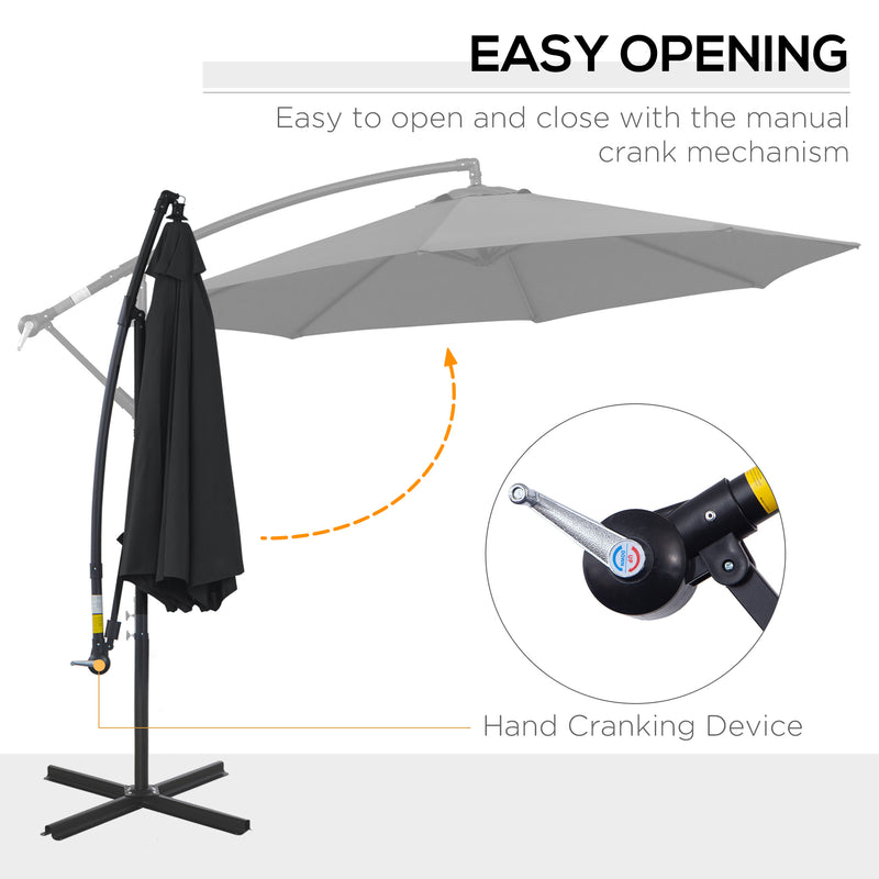 9.7ft Offset Patio UmbrellaCantilever Parasol with Crank Handle, 8 Ribs and Cross Base for Outdoor, Sun Shade, Black