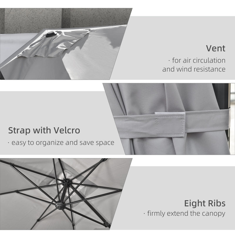 9ft Cantilever Patio Umbrella, Square Overhanging Umbrella with Cross Base, Crank Handle, Tilt Light Grey