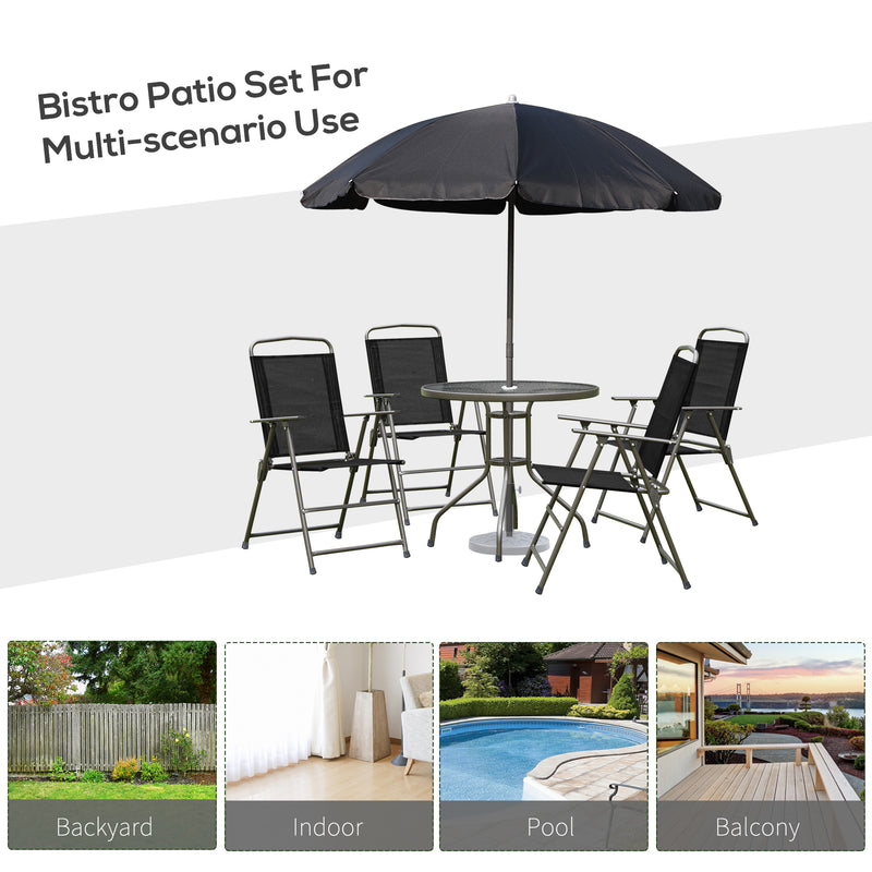 Outsunny - 6 Pieces Outdoor Dining Set for 4 with Umbrella Patio Outdoor Furniture Set with Round Table 4 Folding Chairs Black
