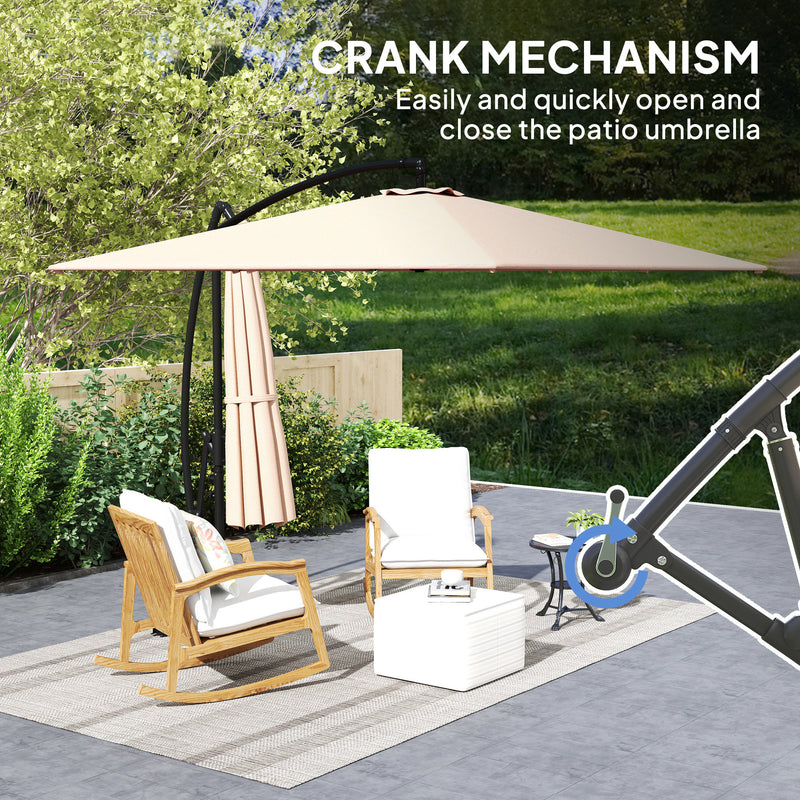 Outsunny - Patio Offset Umbrella UPF 50+ UV Protection, Crank Parasol with Base, Cover & Wind Securing, Khaki — 84D-419V00KK