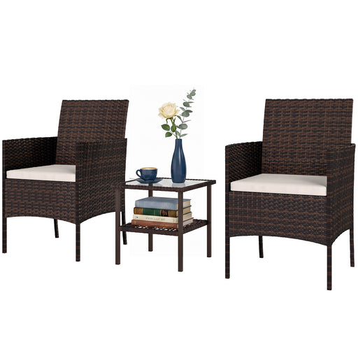 Outsunny - Wicker Bistro Set, 3 Piece Patio Furniture Set with 2-Tier Glass Top Table, Cushions for Balcony, Porch, Beige