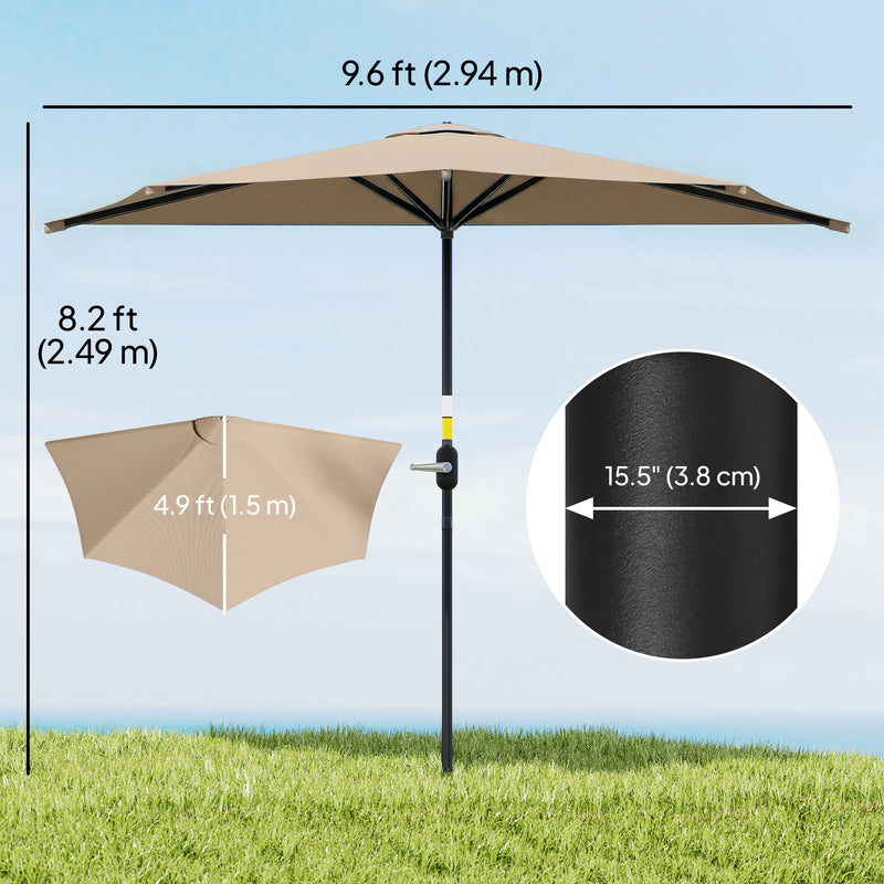 Outsunny - 9.8ft Half Umbrella Semi Round Patio Parasol with Crank Handle, Top Vent for Garden, Balcony - NO BASE INCLUDED, Coffee — 84D-008V00CF